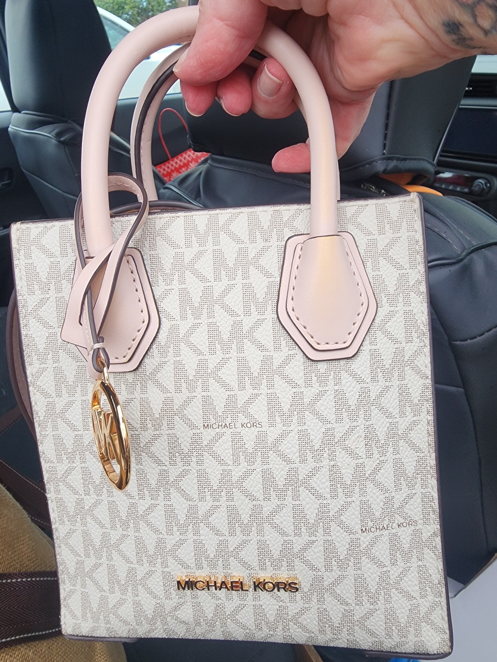 Michael Kors Cream Signature Mini Satchel with Pink Trim and Gold Hardware